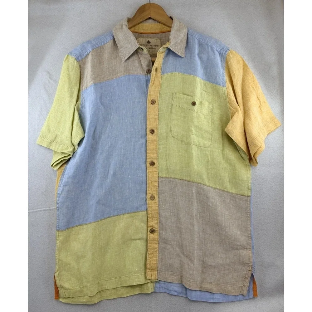 The Territory‎ Ahead Men's Large Color Block 100% Linen Colorful Summer Beach